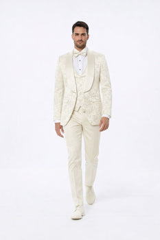 Men’s Ivory Floral Tuxedo with Wide Shawl Lapel | Wedding & Prom Wear