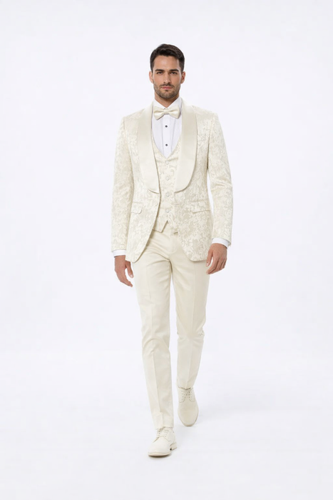 Men’s Ivory Floral Tuxedo with Wide Shawl Lapel | Wedding & Prom Wear