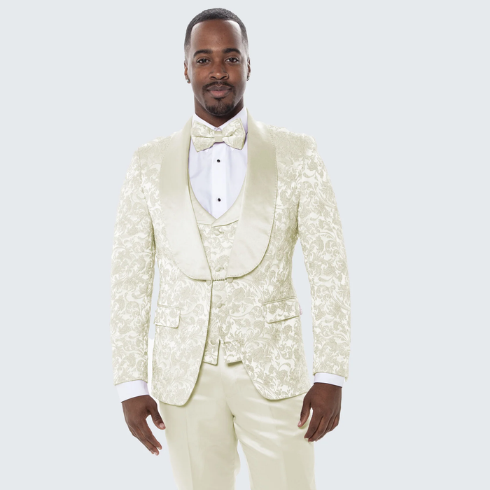 Men’s Ivory Floral Tuxedo with Wide Shawl Lapel | Wedding & Prom Wear