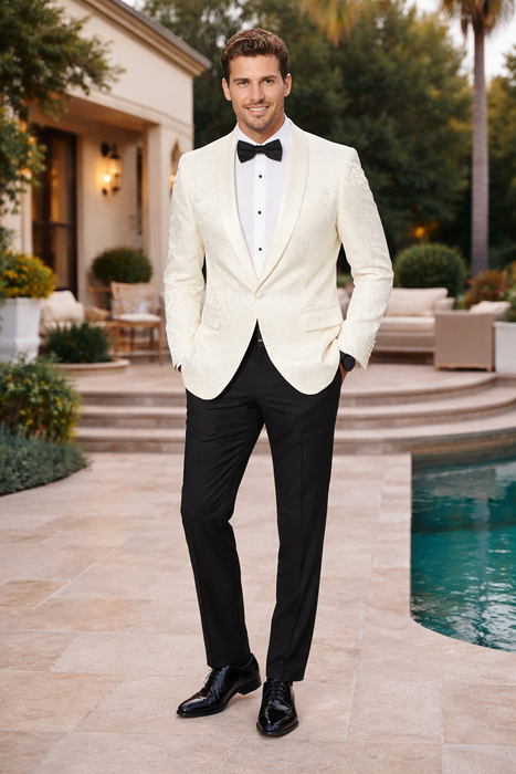Ivory Paisley Shawl Lapel Tuxedo Jacket – Elegant Men’s Wedding & Prom Wear