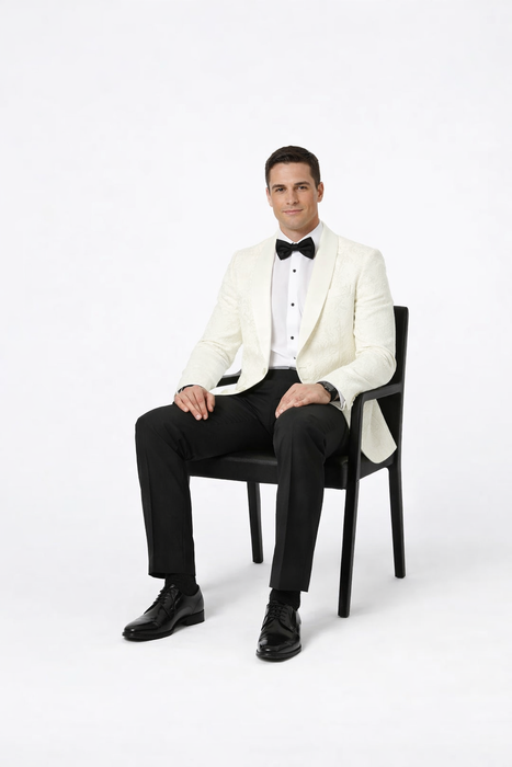 Ivory Paisley Shawl Lapel Tuxedo Jacket – Elegant Men’s Wedding & Prom Wear