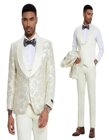 2026 Ivory Shiny Floral Mens 3pc Suit by Tazzio