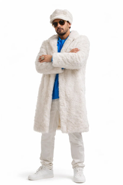Ivory Faux Fur Coat - Off White Color Cream Mens Coat - Single Breasted