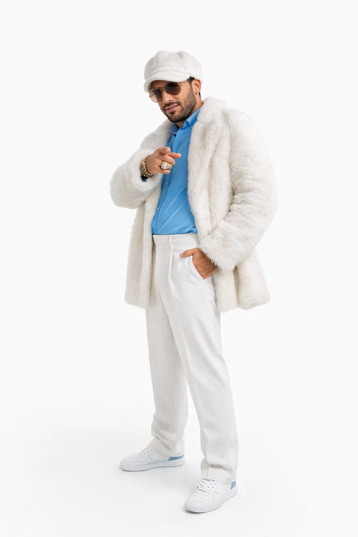 Ivory Faux Fur Coat - Off White Color Cream Mens Coat - Single Breasted