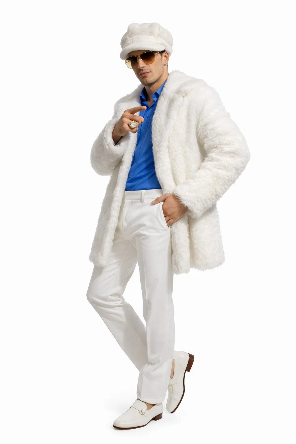 Ivory Faux Fur Coat - Off White Color Cream Mens Coat - Single Breasted