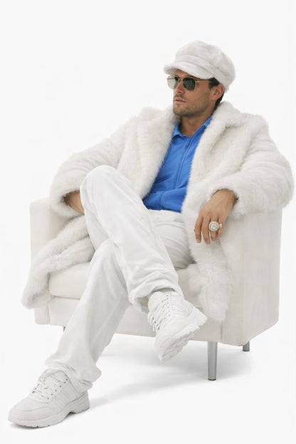 Ivory Faux Fur Coat - Off White Color Cream Mens Coat - Single Breasted