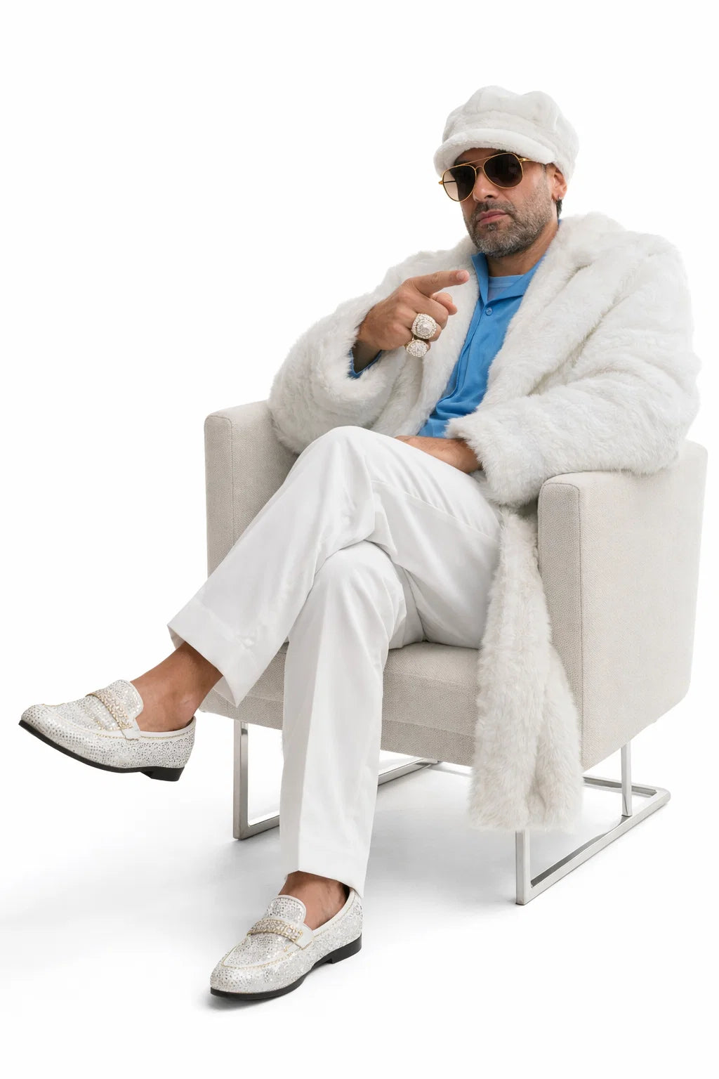 Ivory Faux Fur Coat - Off White Color Cream Mens Coat - Single Breasted