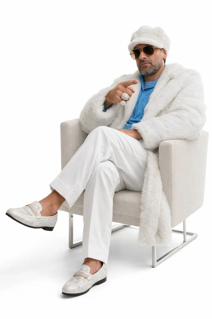 Ivory Faux Fur Coat - Off White Color Cream Mens Coat - Single Breasted