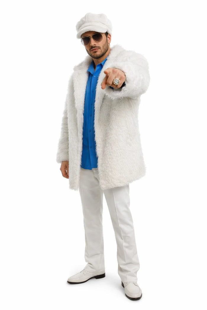 Ivory Faux Fur Coat - Off White Color Cream Mens Coat - Single Breasted
