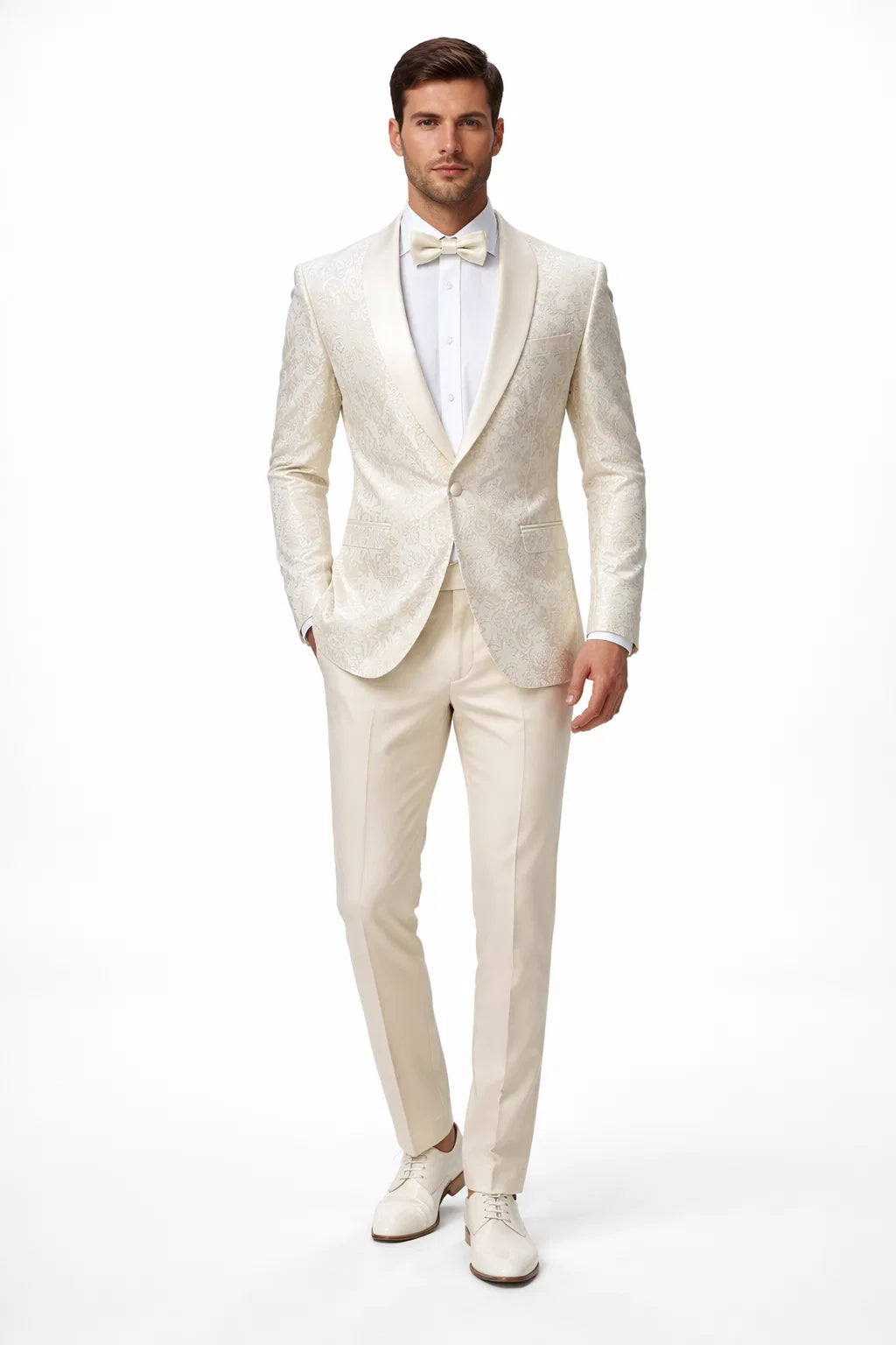 Men's Ivory Paisley Cream Tuxedo Dinner Jacket Shawl Colar Blazer Off White 34 Short or Extra Small