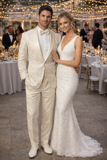 Ivory Paisley Cream Tuxedo Suit for Men