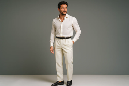 Ivory Wide Leg Dress Pants Pleated Baggy Dress Trousers Unhemmed Unfinished Bottom - Dress Slacks For Men On Sale Yellow