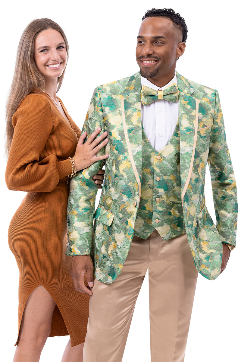 Mensusa Men's Modern Fit Green Floral Print Tuxedo Jacket & Vest Set — MensUSA