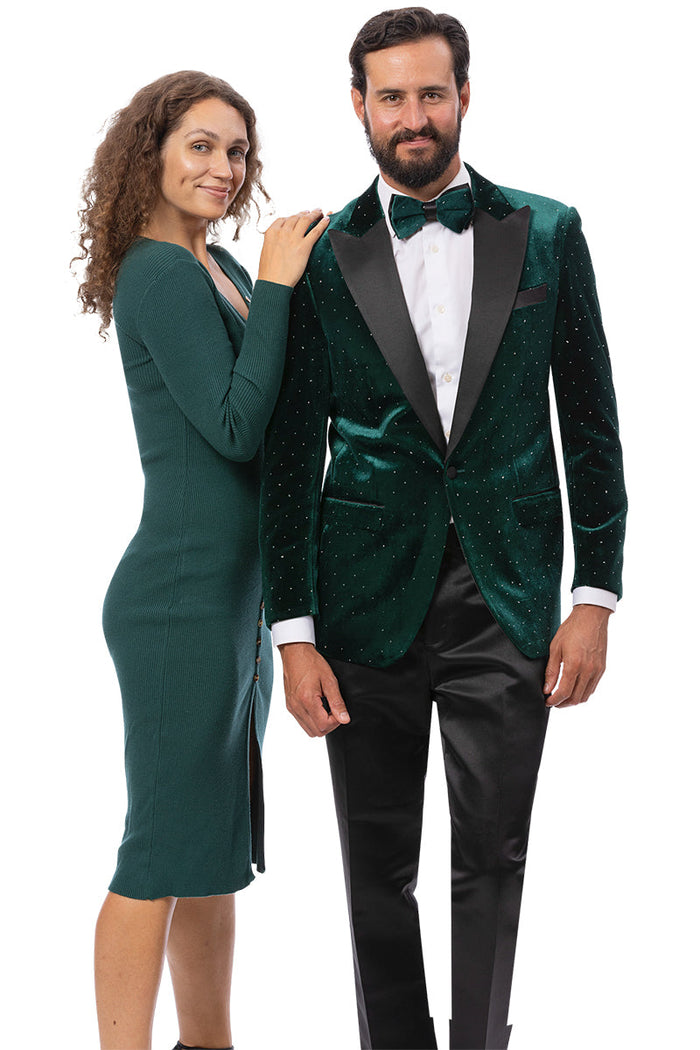 Men's Modern Fit Wedding & Prom Tuxedo Jacket in Hunter Green with Diamond Studs - Image 2