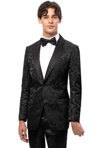 Mens Black Blazer - Men's Two Button Shiny Floral Print Prom Tuxedo Jacket in Black