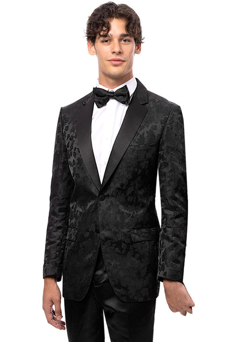 Mens Black Blazer - Men's Two Button Shiny Floral Print Prom Tuxedo Jacket in Black