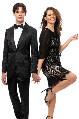 Mens Black Blazer - Men's Two Button Shiny Floral Print Prom Tuxedo Jacket in Black - Image 2