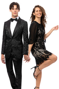 Mens Black Blazer - Men's Two Button Shiny Floral Print Prom Tuxedo Jacket in Black - Image 2