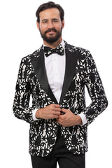 Men's One Button Peak Lapel Modern Fit Tuxedo Jacket in Black & White Floral Print
