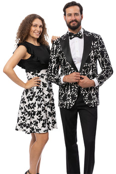 Men's One Button Peak Lapel Modern Fit Tuxedo Jacket in Black & White Floral Print - Image 2