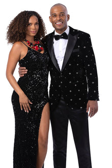 Men’s Designer Black Velvet Star Embroidered Tuxedo for Prom and Wedding