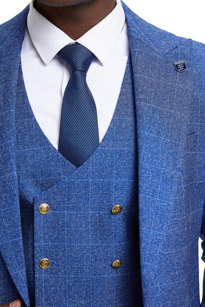 Men's Stacy Adam's One Button Vested Peak Lapel Business Suit in Navy Blue Plaid