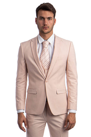 Graduation Suit - Men's One Button Peak Lapel Skinny Wedding & Prom Suit with Lowcut Vest in Blush Pink