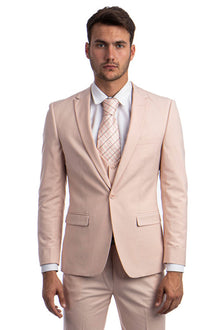 Graduation Suit - Men's One Button Peak Lapel Skinny Wedding & Prom Suit with Lowcut Vest in Blush Pink