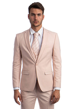 Graduation Suit - Men's One Button Peak Lapel Skinny Wedding & Prom Suit with Lowcut Vest in Blush Pink