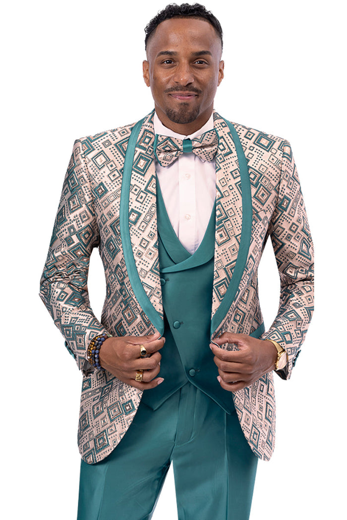 Men's Teal Green Geometric Print Vested Satin Tuxedo.