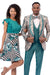 Men's Teal Green Geometric Print Vested Satin Tuxedo.