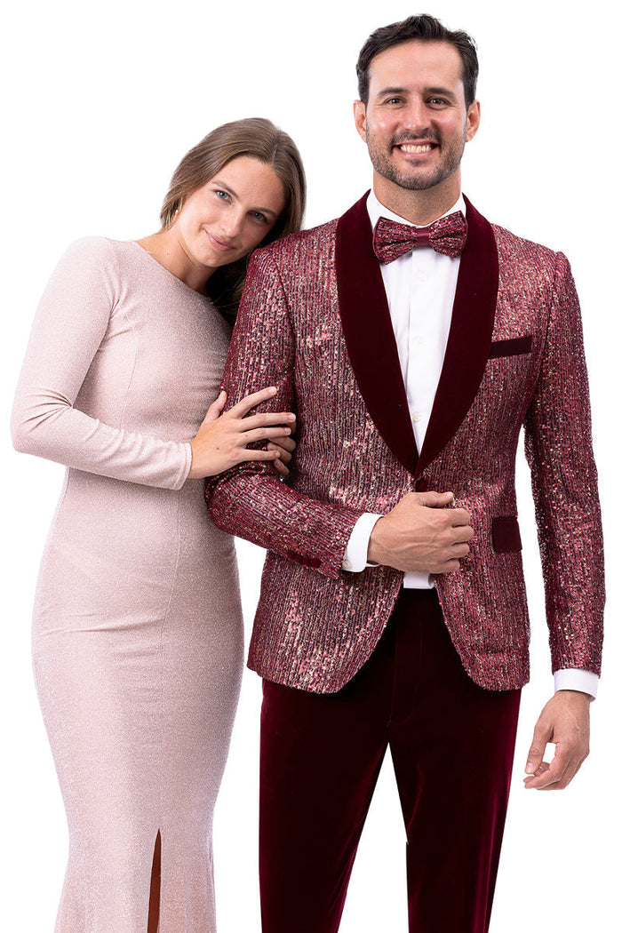 Men's Modern Fit Floral Sequin Wedding Tuxedo in Burgundy
