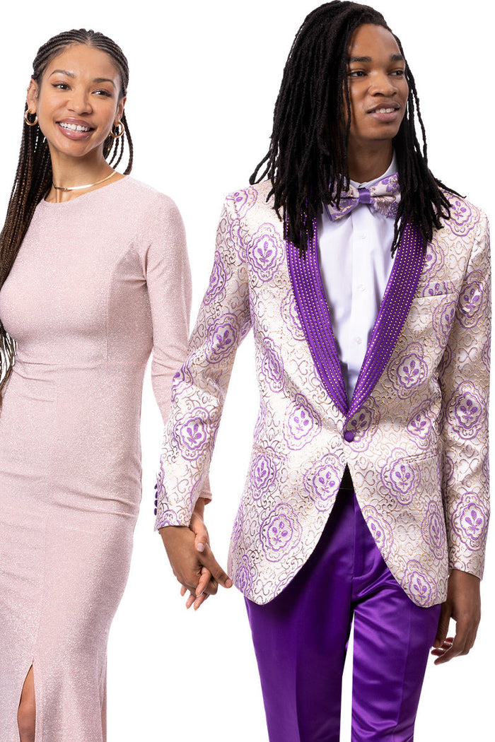 Men's Wedding & Prom Tuxedo jacket in a Purple Floral Paisley with Diamond Studded Lapel. - Image 2