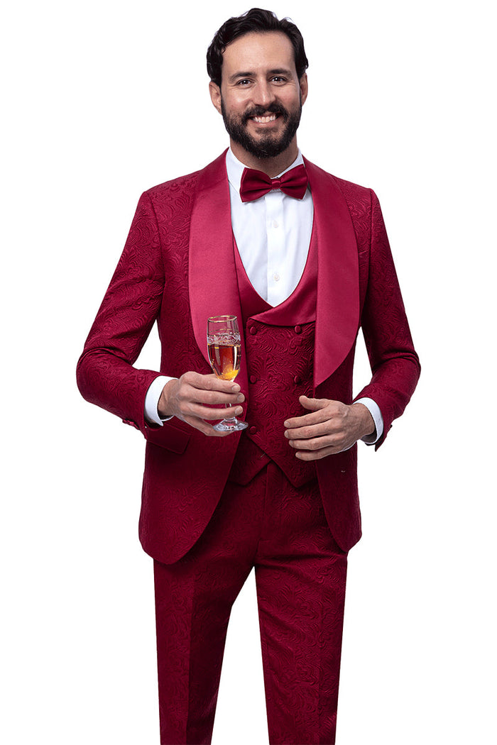 Men's Vested Shawl Lapel Wedding & Prom Tuxedo in Burgundy Wine Paisley - Image 2