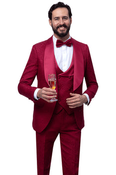 Men's Vested Shawl Lapel Wedding & Prom Tuxedo in Burgundy Wine Paisley - Image 2
