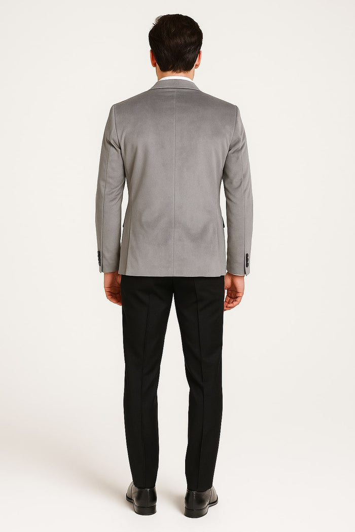 Men's Grey Velvet Tuxedo Jacket with Black Satin Lapel Suit – Mens Blazer + Black Pants - Image 4