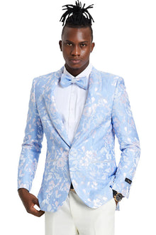 Men's slim fit sky blue & silver paisley foil print tuxedo dinner jacket for prom & wedding