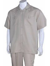 Men's 5 Button Casual Short Sleeve Solid Khaki 100% Polyester Casual Two Piece Walking Outfit For Sale Pant Sets Suits