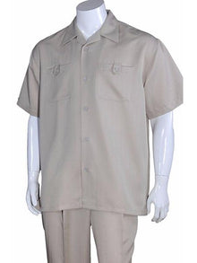 Men's 5 Button Casual Short Sleeve Solid Khaki 100% Polyester Casual Two Piece Walking Outfit For Sale Pant Sets Suits