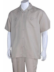 Men's 5 Button Casual Short Sleeve Solid Khaki 100% Polyester Casual Two Piece Walking Outfit For Sale Pant Sets Suits