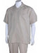 Men's 5 Button Casual Short Sleeve Solid Khaki 100% Polyester Casual Two Piece Walking Outfit For Sale Pant Sets Suits