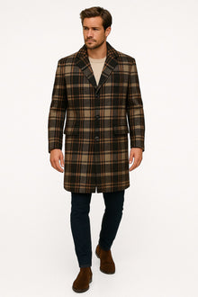 Mens Plaid Wool Overcoat – Khaki and Brown and Cream Check Pattern Winter Coat