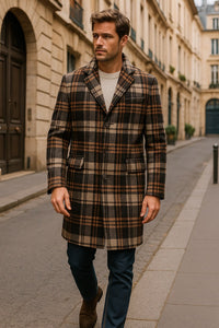 Mens Plaid Wool Overcoat – Khaki and Brown and Cream Check Pattern Winter Coat