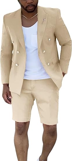 Mens Suits With Shorts - Double breasted Style Khaki With Gold Buttons