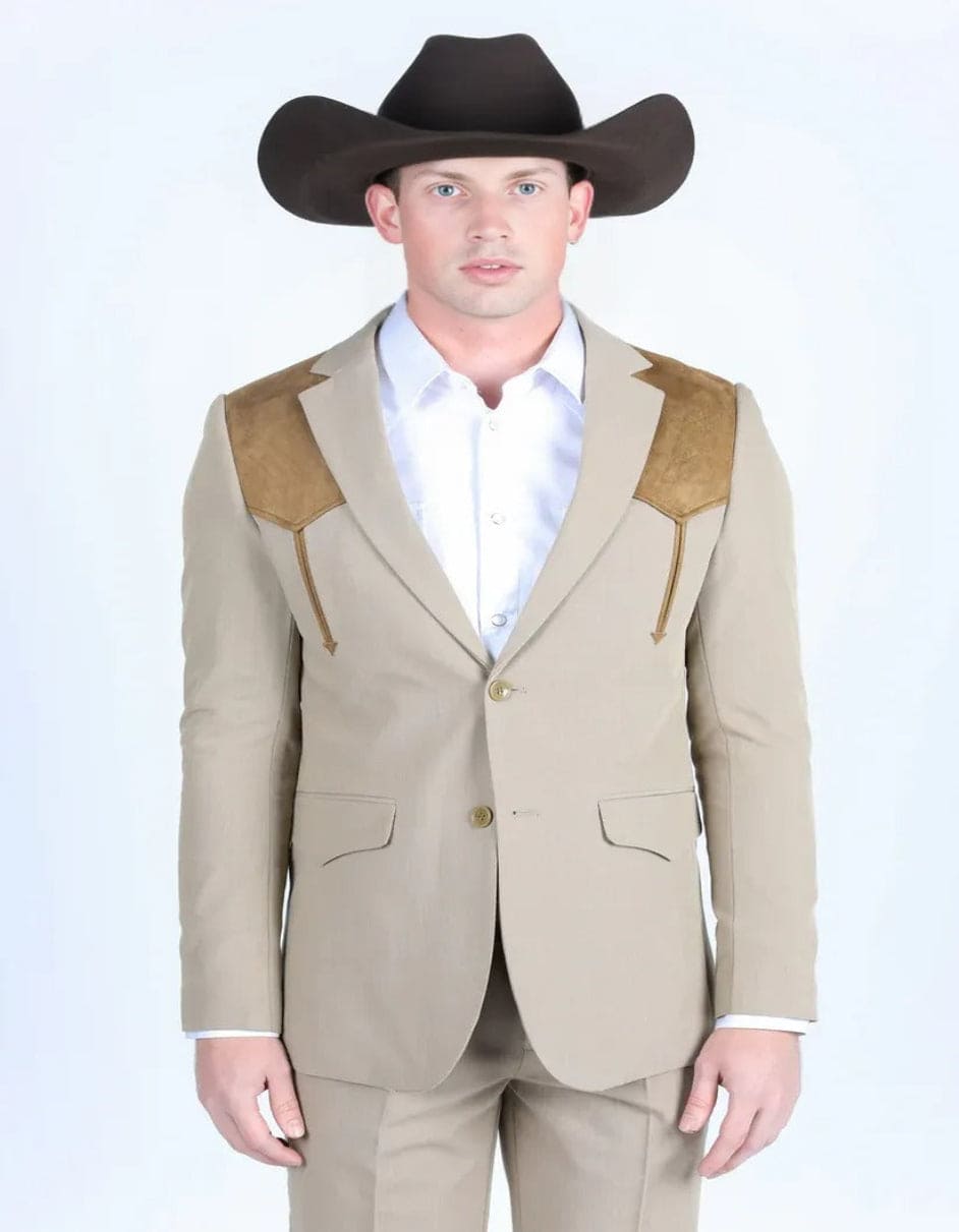 Men's Western Khaki Suit Sport Coat with Suede Yokes and Elbow Patches - Traje Para Hombre - Image 2