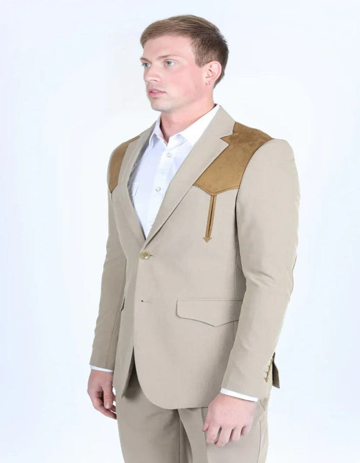 Men's Western Khaki Suit Sport Coat with Suede Yokes and Elbow Patches - Traje Para Hombre - Image 3