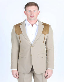 Men's Western Khaki Suit Sport Coat with Suede Yokes and Elbow Patches - Traje Para Hombre