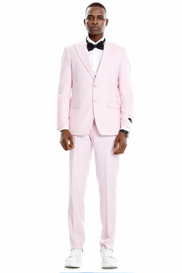 Graduation Suit - Men's Two Button Vested Peak Lapel Pastel Wedding & Prom Suit in Pink - Image 2