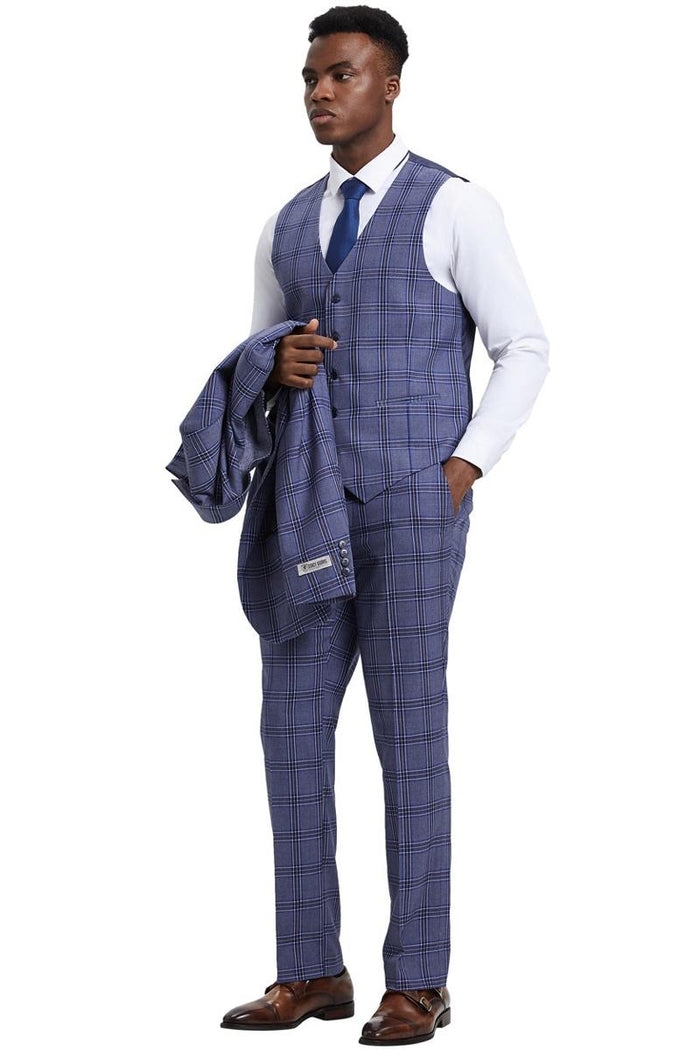 Men's Stacy Adams Two Button Vested Glen Plaid Check Suit in Light Purple Lavender - Image 4