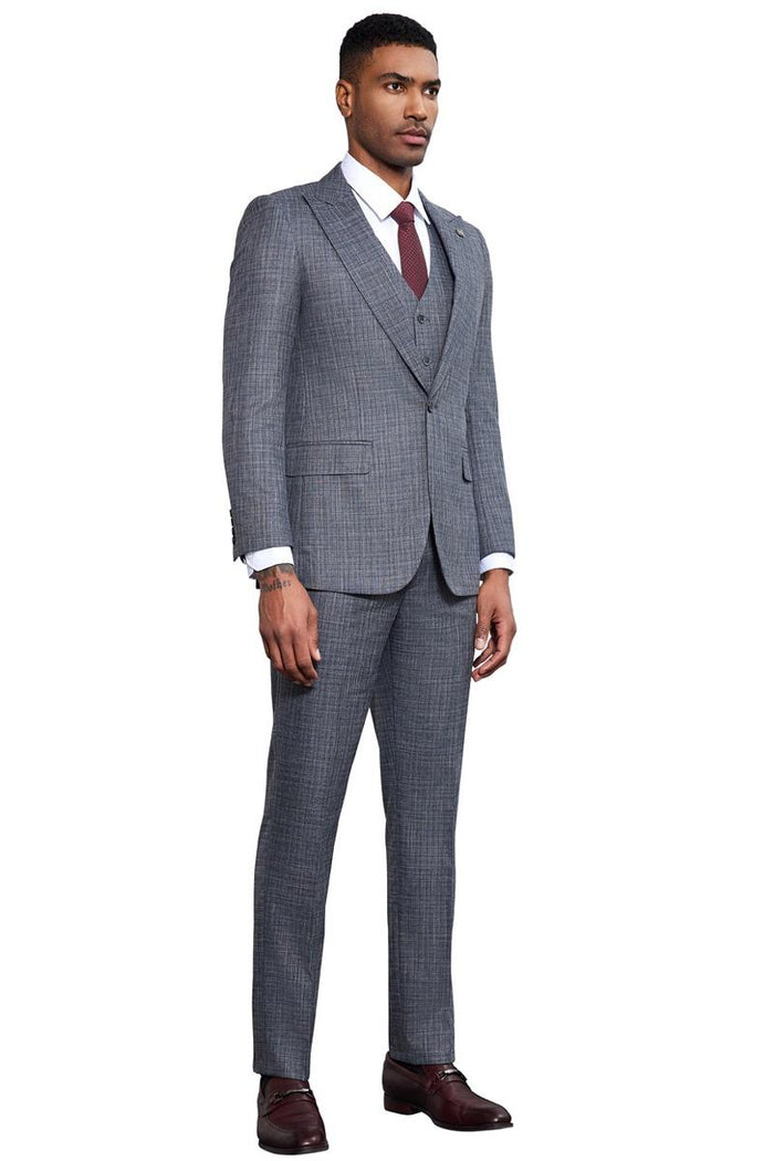 Men's Stacy Adams Vested Sharkskin Weave Pattern Suit in Grey - Image 3